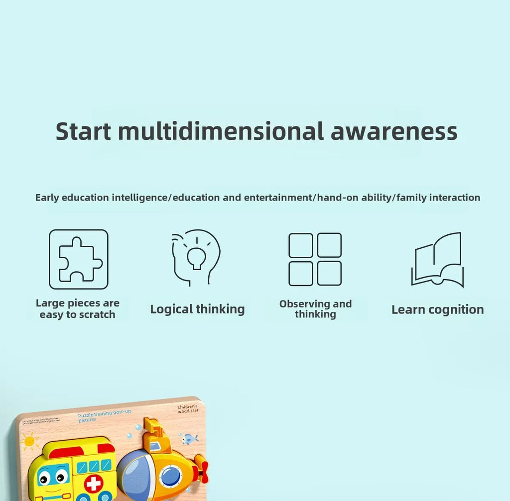 Montessori Cartoon 3D Wooden Puzzle Animal Traffic Jigsaw Toys for Kids Early Learning Educational Cognitive Game Children Gifts