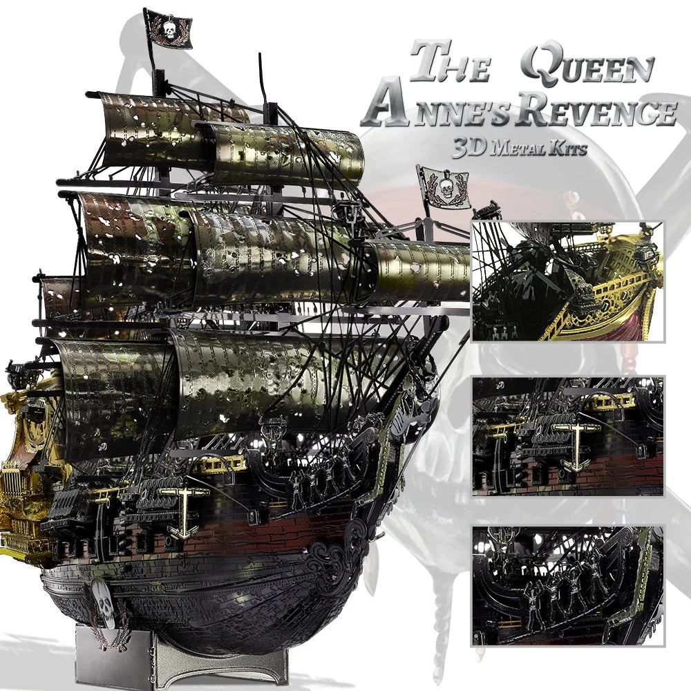 Piececool 3D Metal Puzzle The Queen Anne's Revenge Jigsaw Pirate Ship DIY Model for Teens Brain Teaser