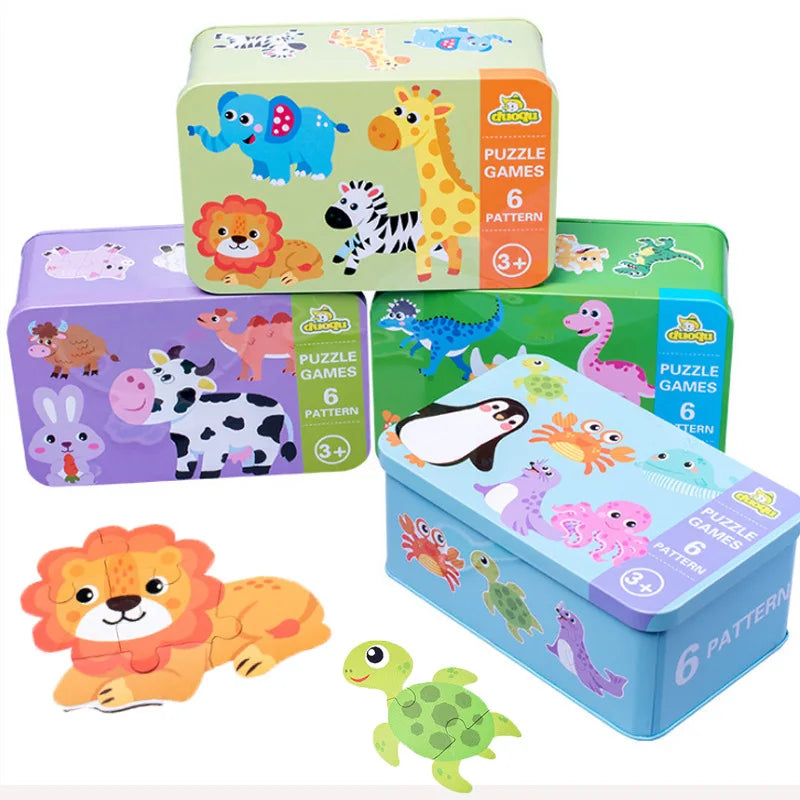 Baby Puzzle Montessori Educational Toys Wood 3D Puzzle Games Iron Box children Puzzles Jigsaw Wooden Puzzles For Kids 2 3 4 Year