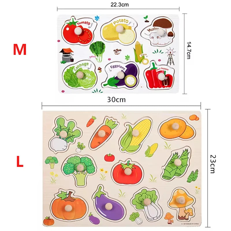 Montessori Baby Toys Wooden Peg Puzzles Hand Grab Boards Toys Tangram Jigsaw Cartoon Animals Fruits 3D Puzzles Educational Toys