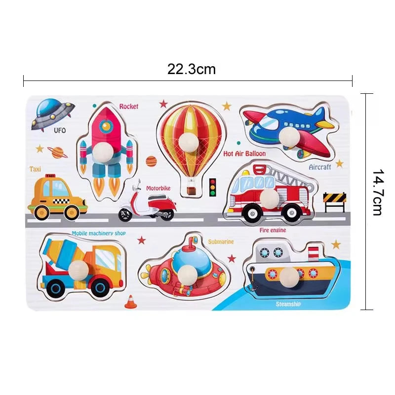 Montessori Baby Toys Wooden Peg Puzzles Hand Grab Boards Toys Tangram Jigsaw Cartoon Animals Fruits 3D Puzzles Educational Toys