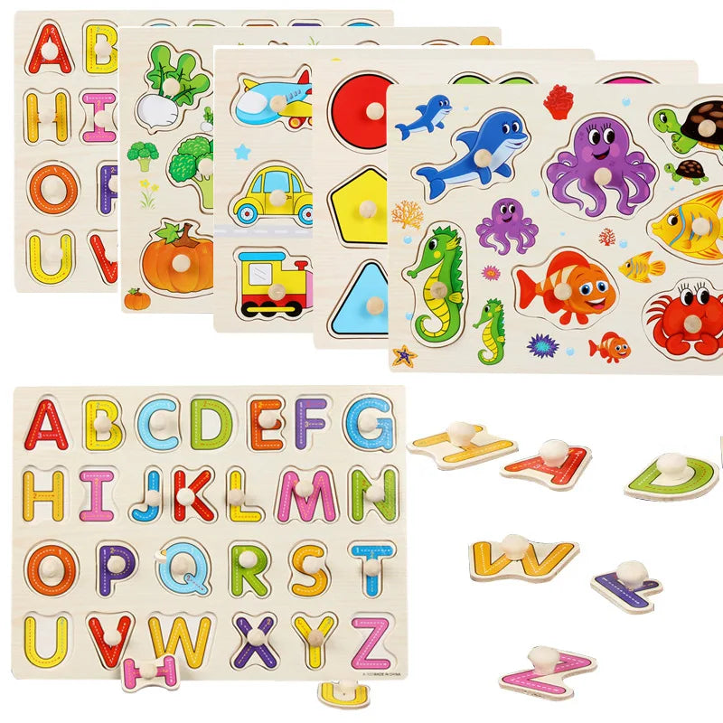 Montessori Baby Toys Wooden Peg Puzzles Hand Grab Boards Toys Tangram Jigsaw Cartoon Animals Fruits 3D Puzzles Educational Toys