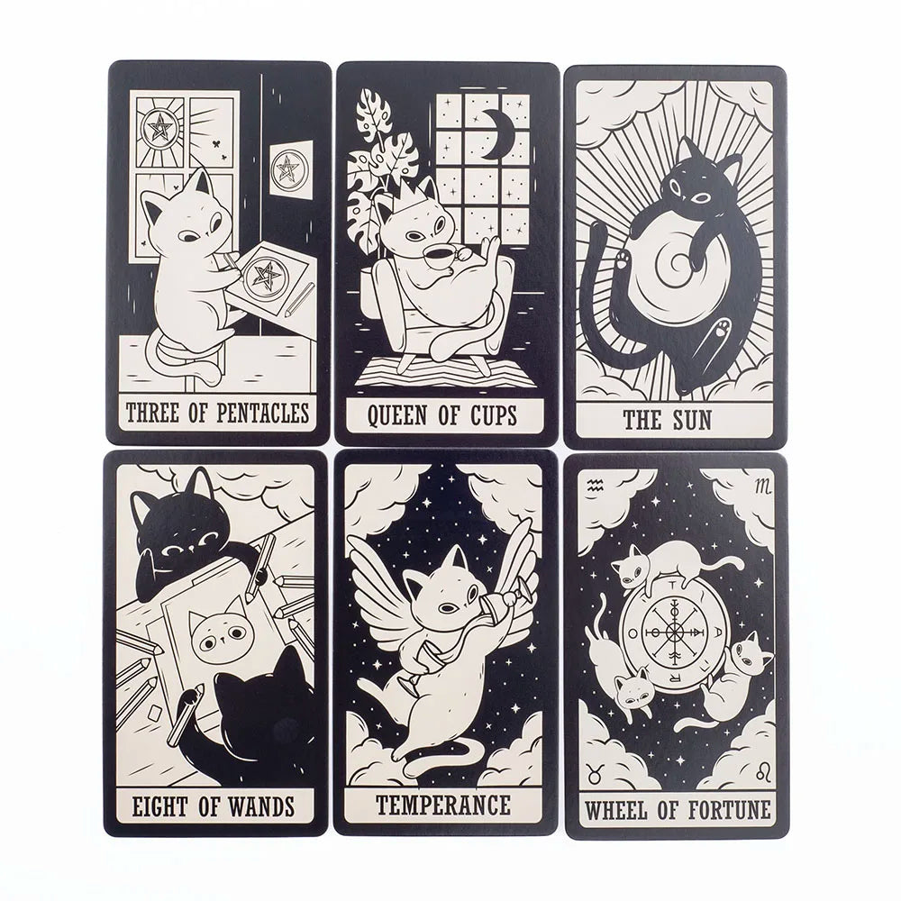 Kitten Tarot Deck 78Pcs Cute Black and White  For Beginners  Version Mysterious Board Game Fun Fortune telling Kit