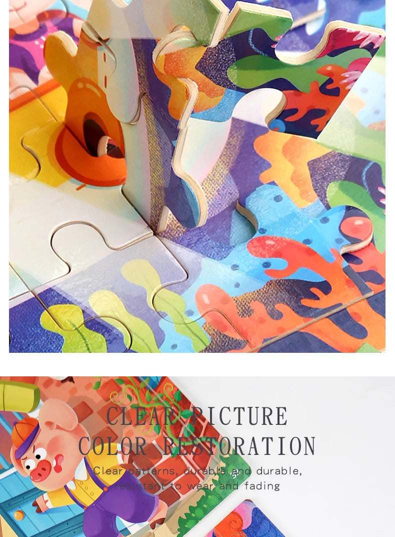 60PCS Wooden Jigsaw Color 3D Puzzle Cartoon Characters Animal Early Educational Learning Logical Thinking Focus Puzzle Toys Gift