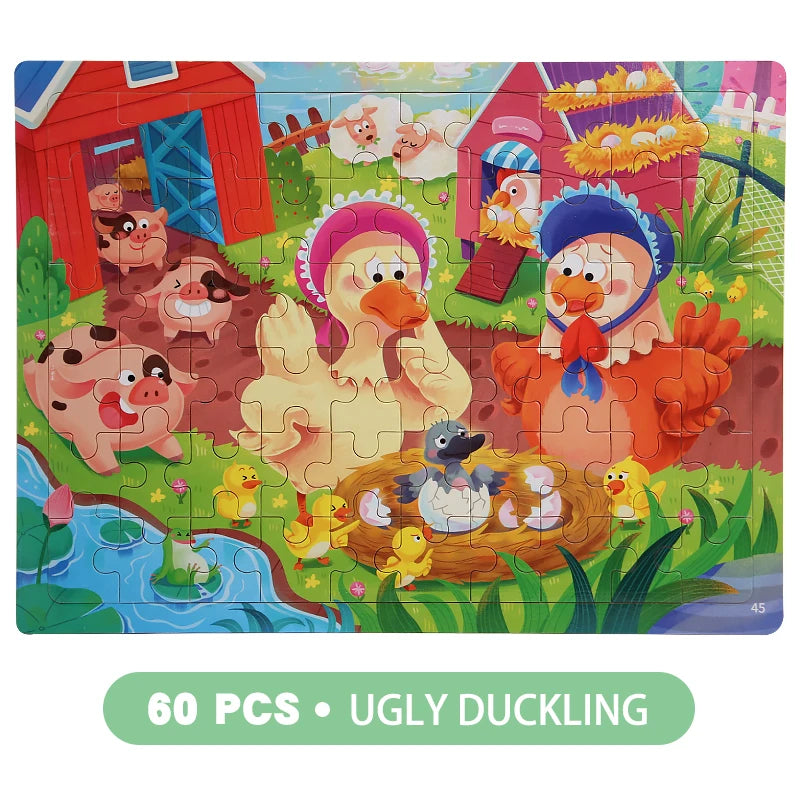 60PCS Wooden Jigsaw Color 3D Puzzle Cartoon Characters Animal Early Educational Learning Logical Thinking Focus Puzzle Toys Gift