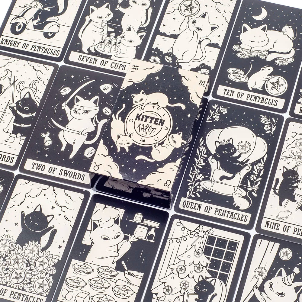 Kitten Tarot Deck 78Pcs Cute Black and White  For Beginners  Version Mysterious Board Game Fun Fortune telling Kit