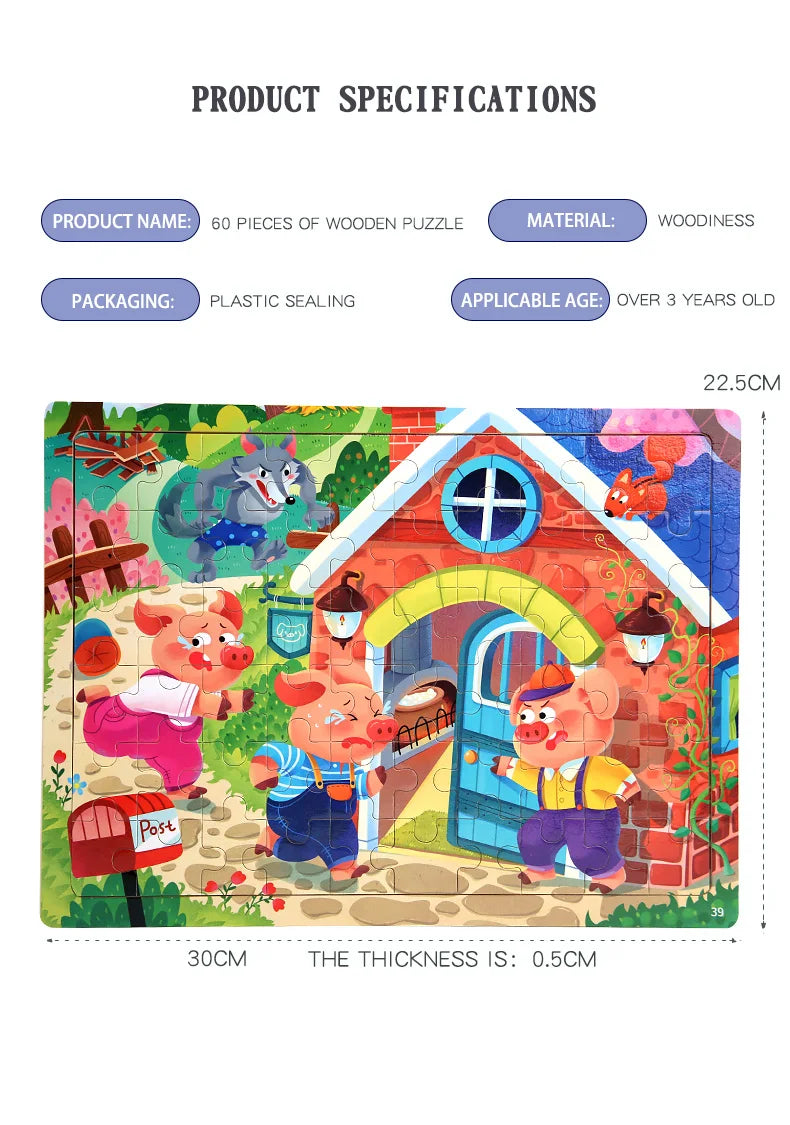 60PCS Wooden Jigsaw Color 3D Puzzle Cartoon Characters Animal Early Educational Learning Logical Thinking Focus Puzzle Toys Gift