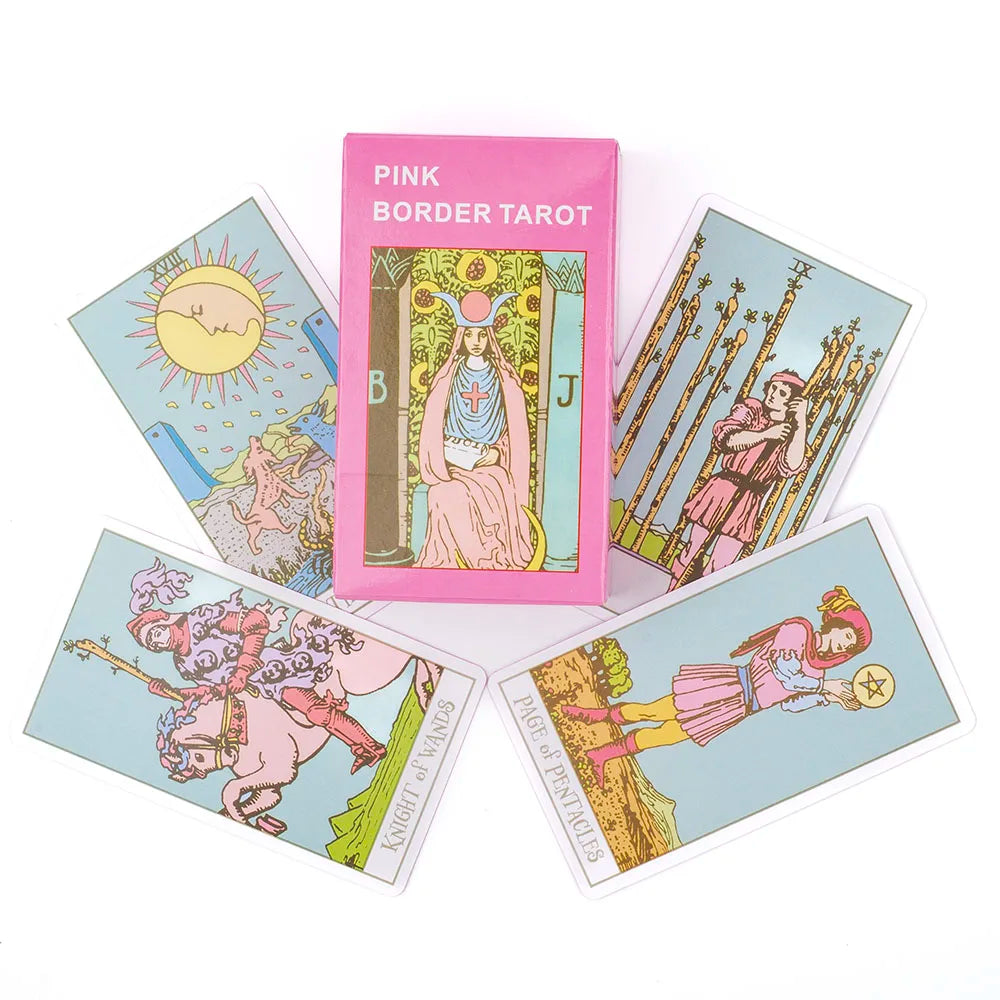 Pink Border Tarot Card Deck with Guidebook 78Pcs English Version Family Gathering Divination Deck Board Game Cards 10.3*6cm
