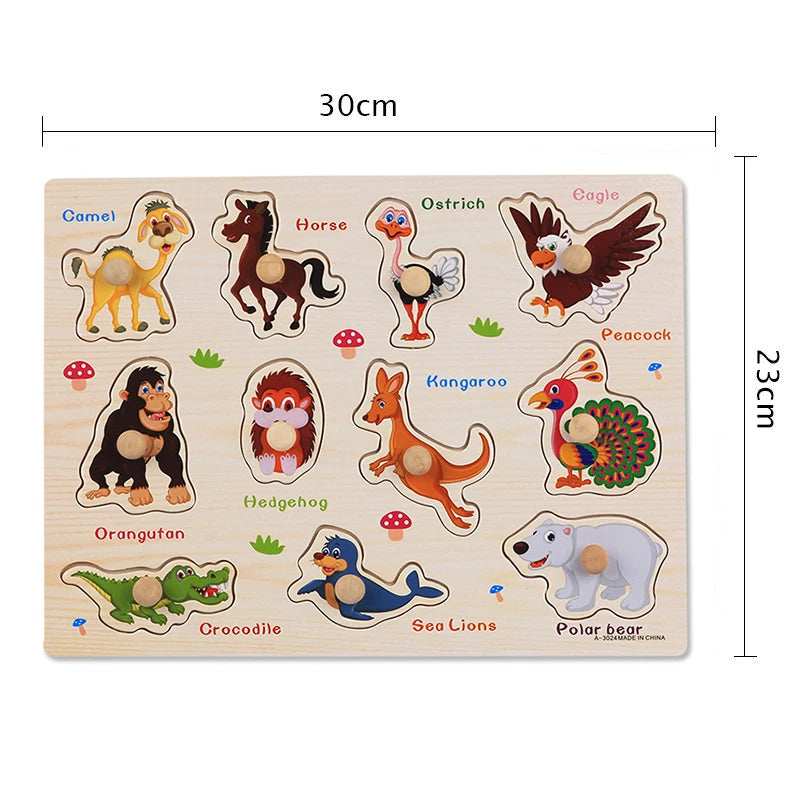 Montessori Baby Toys Wooden Peg Puzzles Hand Grab Boards Toys Tangram Jigsaw Cartoon Animals Fruits 3D Puzzles Educational Toys