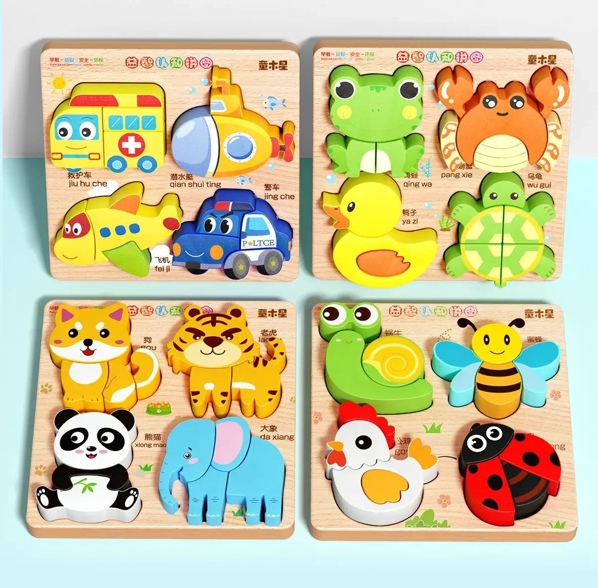 Montessori Cartoon 3D Wooden Puzzle Animal Traffic Jigsaw Toys for Kids Early Learning Educational Cognitive Game Children Gifts