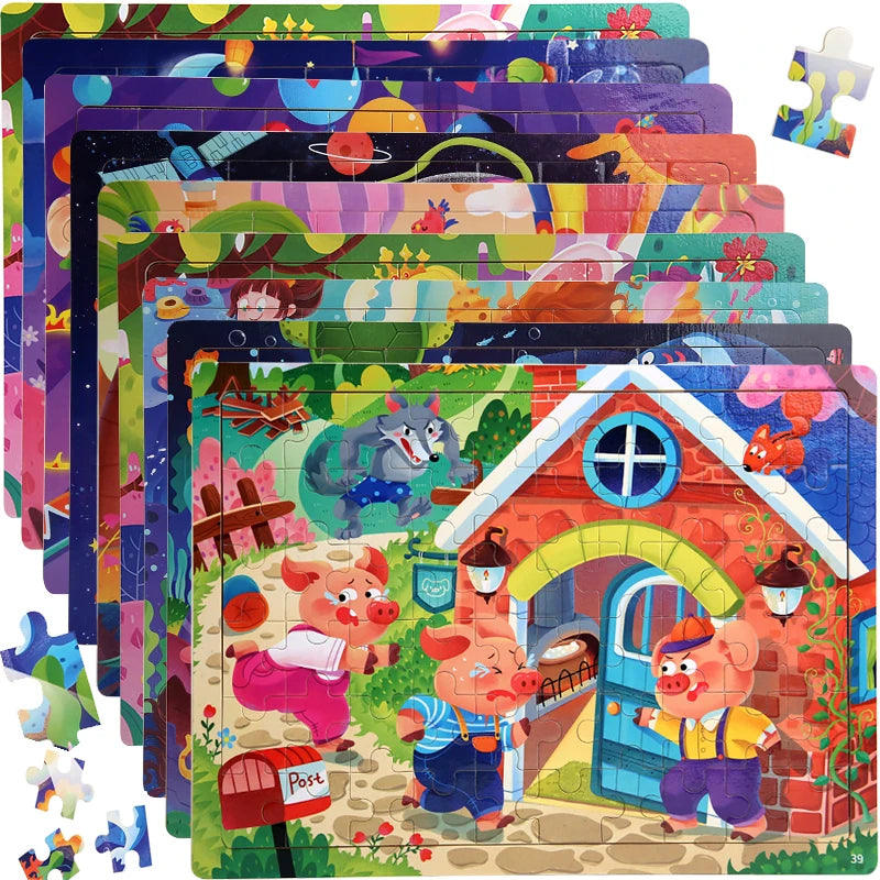60PCS Wooden Jigsaw Color 3D Puzzle Cartoon Characters Animal Early Educational Learning Logical Thinking Focus Puzzle Toys Gift