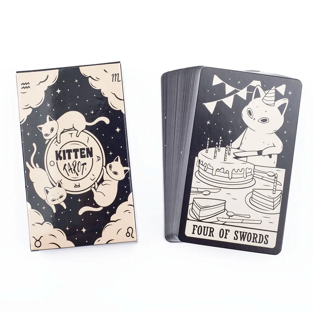 Kitten Tarot Deck 78Pcs Cute Black and White  For Beginners  Version Mysterious Board Game Fun Fortune telling Kit