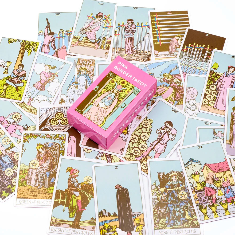 Pink Border Tarot Card Deck with Guidebook 78Pcs English Version Family Gathering Divination Deck Board Game Cards 10.3*6cm
