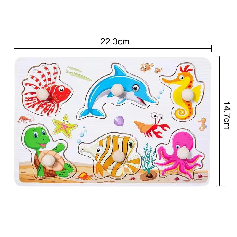 Montessori Baby Toys Wooden Peg Puzzles Hand Grab Boards Toys Tangram Jigsaw Cartoon Animals Fruits 3D Puzzles Educational Toys