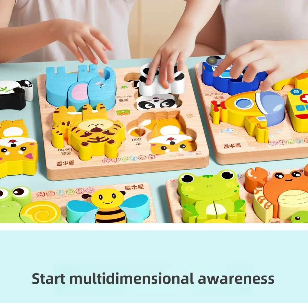 Montessori Cartoon 3D Wooden Puzzle Animal Traffic Jigsaw Toys for Kids Early Learning Educational Cognitive Game Children Gifts