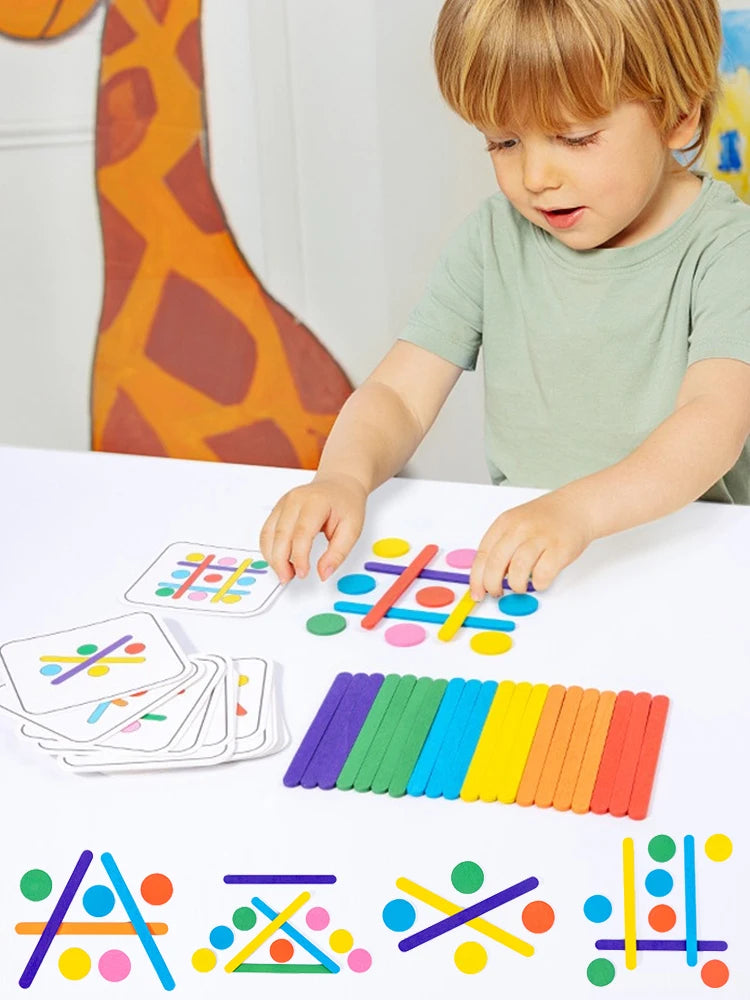 Children Montessori Puzzle Wooden 3D Jigsaw Game Tangram Stick Geometric Ring Shape Matching Kids Toddler Early Educational Toys