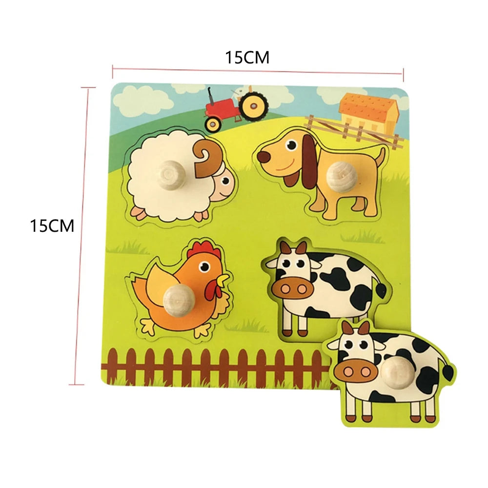 Montessori Baby Toys Wooden Peg Puzzles Hand Grab Boards Toys Tangram Jigsaw Cartoon Animals Fruits 3D Puzzles Educational Toys