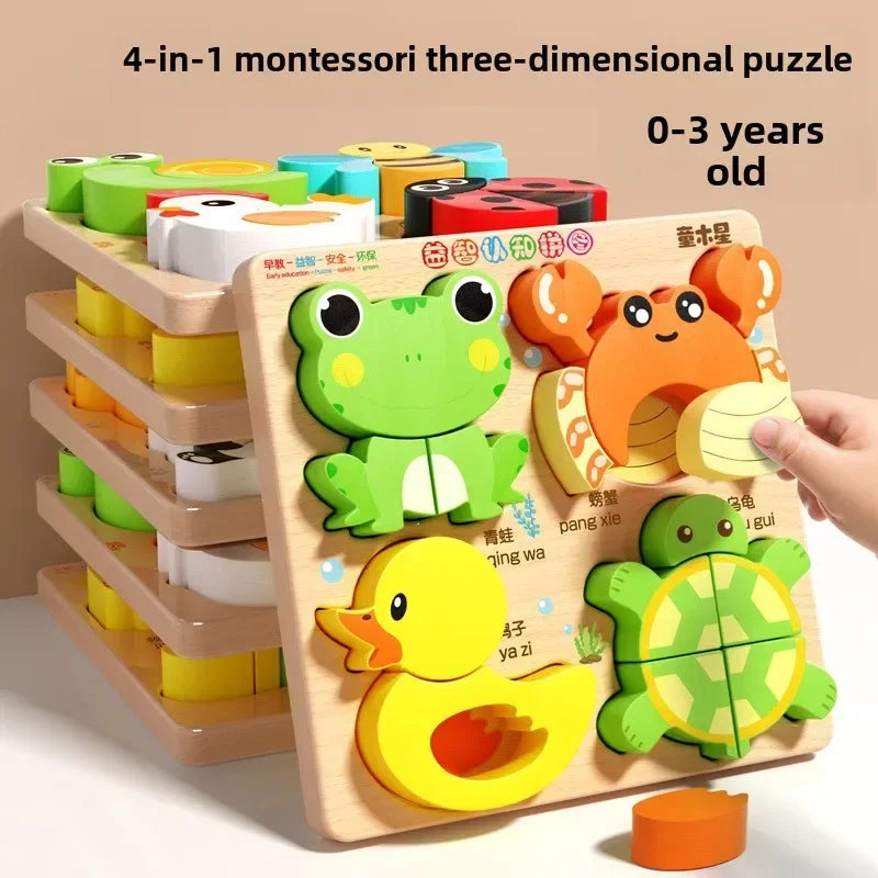 Montessori Cartoon 3D Wooden Puzzle Animal Traffic Jigsaw Toys for Kids Early Learning Educational Cognitive Game Children Gifts