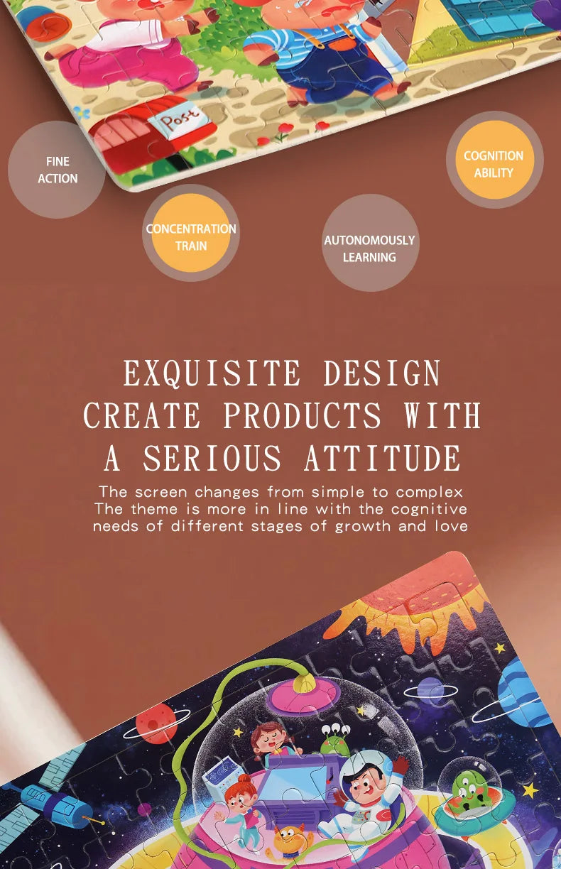 60PCS Wooden Jigsaw Color 3D Puzzle Cartoon Characters Animal Early Educational Learning Logical Thinking Focus Puzzle Toys Gift