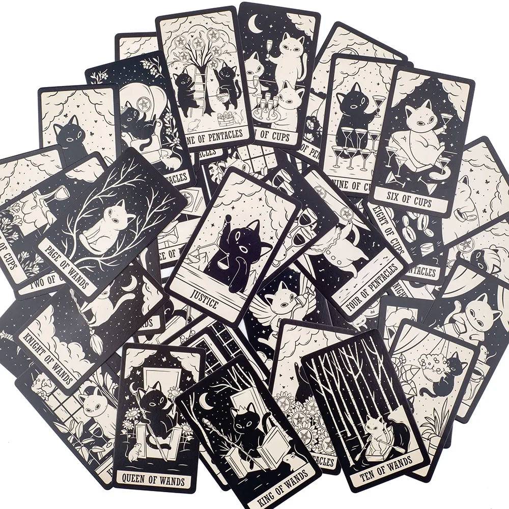 Kitten Tarot Deck 78Pcs Cute Black and White  For Beginners  Version Mysterious Board Game Fun Fortune telling Kit