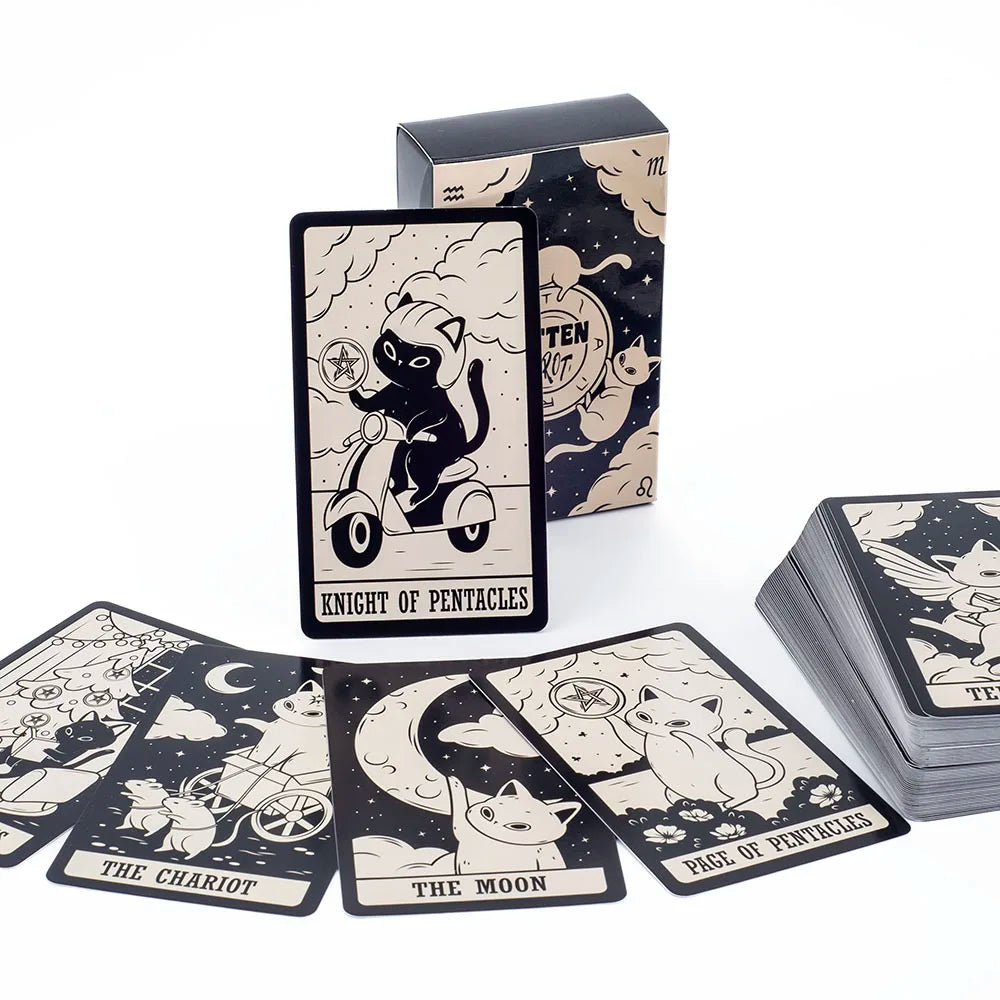 Kitten Tarot Deck 78Pcs Cute Black and White  For Beginners  Version Mysterious Board Game Fun Fortune telling Kit
