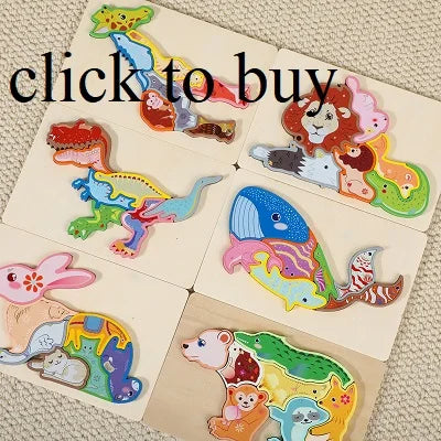 Montessori Baby Toys Wooden Peg Puzzles Hand Grab Boards Toys Tangram Jigsaw Cartoon Animals Fruits 3D Puzzles Educational Toys