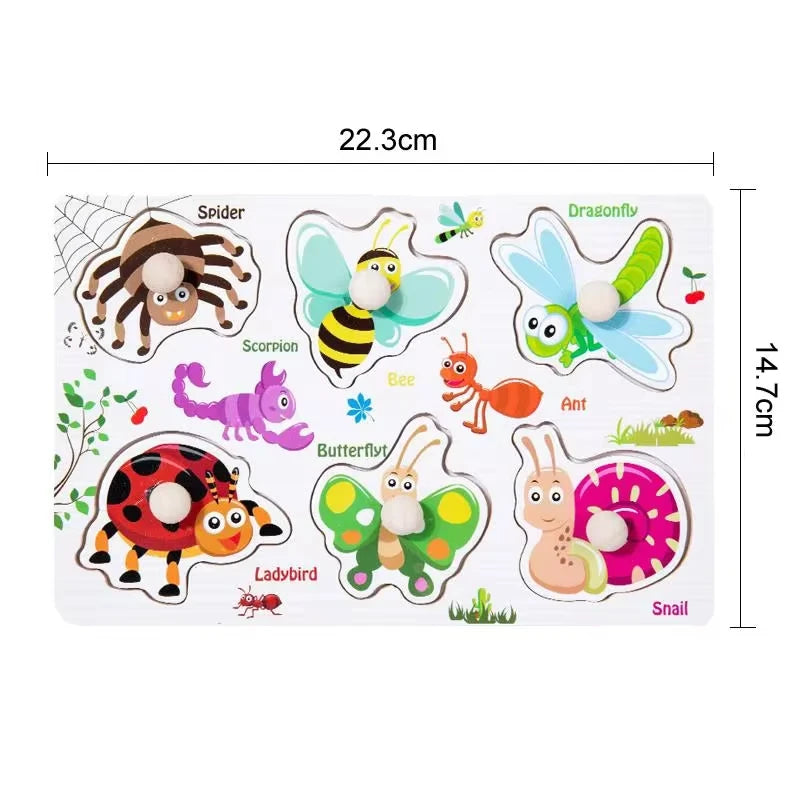 Montessori Baby Toys Wooden Peg Puzzles Hand Grab Boards Toys Tangram Jigsaw Cartoon Animals Fruits 3D Puzzles Educational Toys