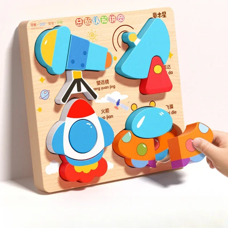 Montessori Cartoon 3D Wooden Puzzle Animal Traffic Jigsaw Toys for Kids Early Learning Educational Cognitive Game Children Gifts