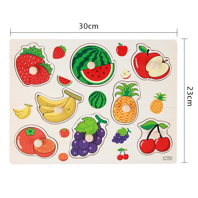 Montessori Baby Toys Wooden Peg Puzzles Hand Grab Boards Toys Tangram Jigsaw Cartoon Animals Fruits 3D Puzzles Educational Toys