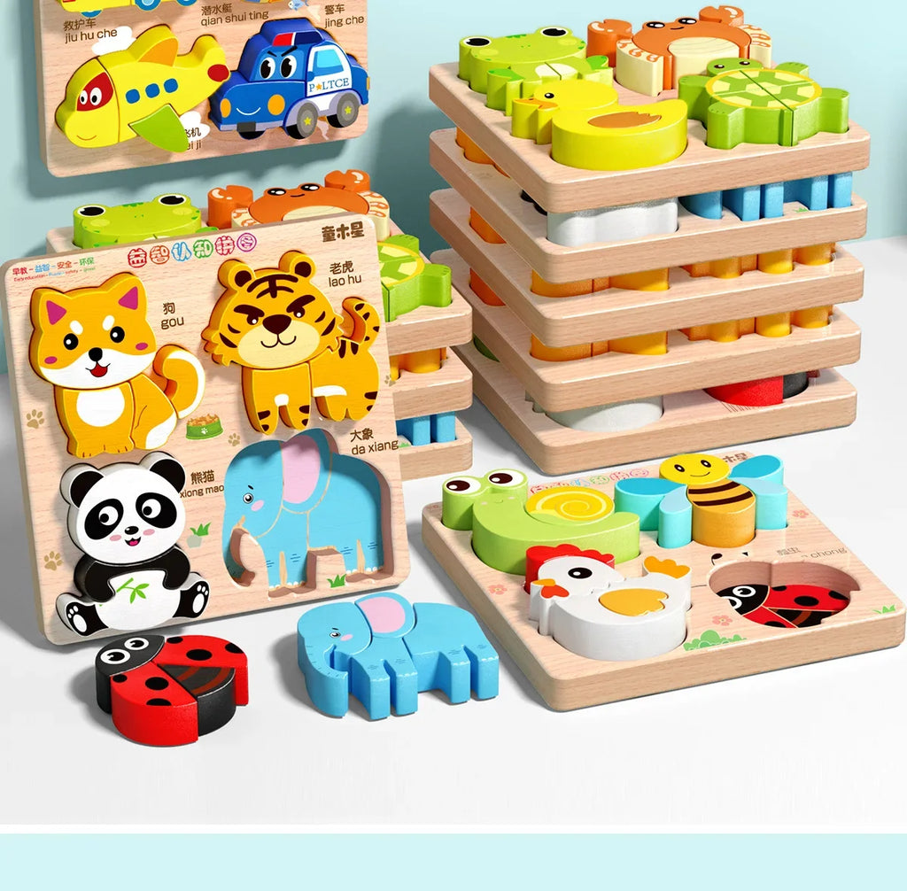 Montessori Cartoon 3D Wooden Puzzle Animal Traffic Jigsaw Toys for Kids Early Learning Educational Cognitive Game Children Gifts