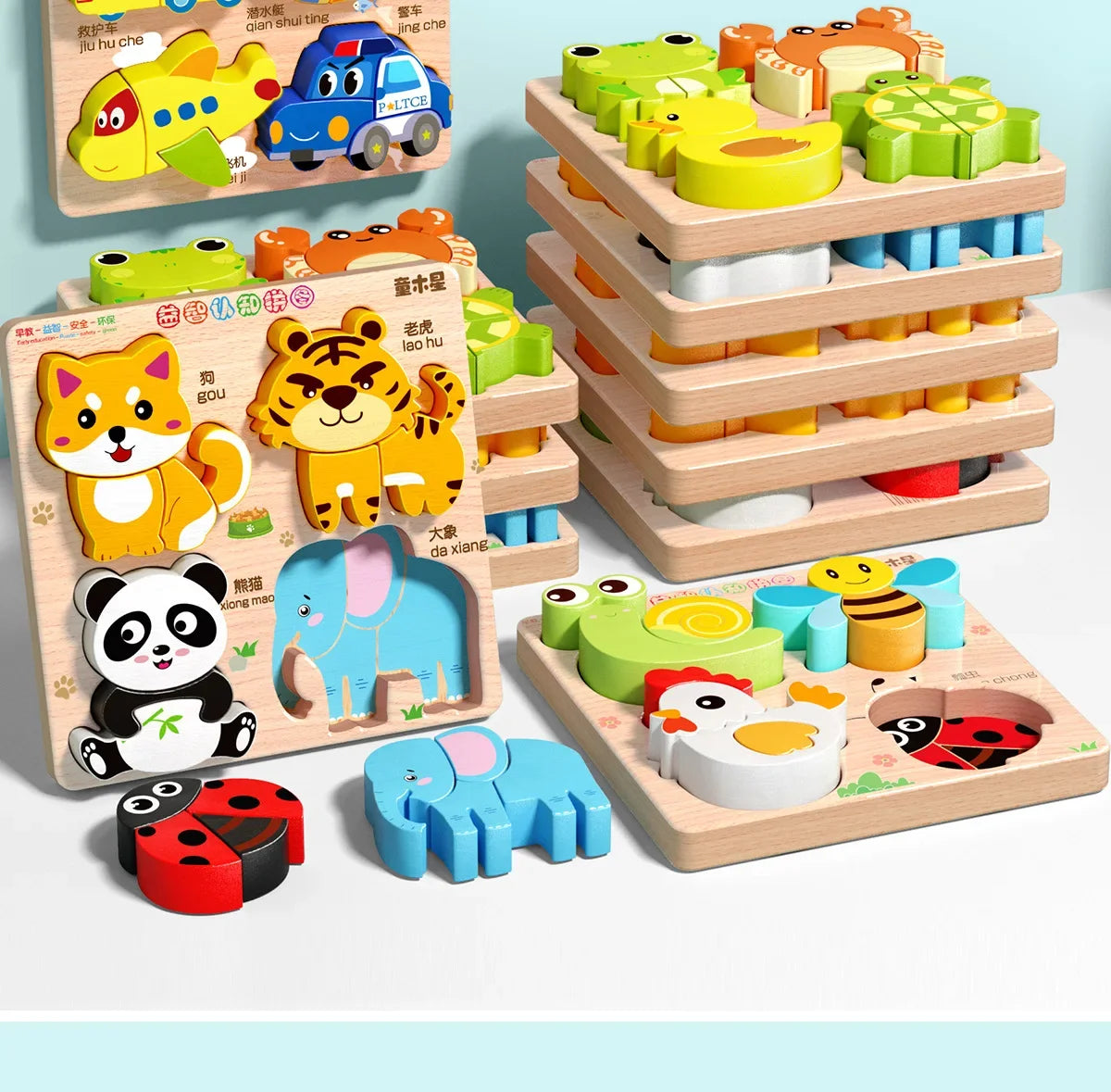 Montessori Cartoon 3D Wooden Puzzle Animal Traffic Jigsaw Toys for Kids Early Learning Educational Cognitive Game Children Gifts