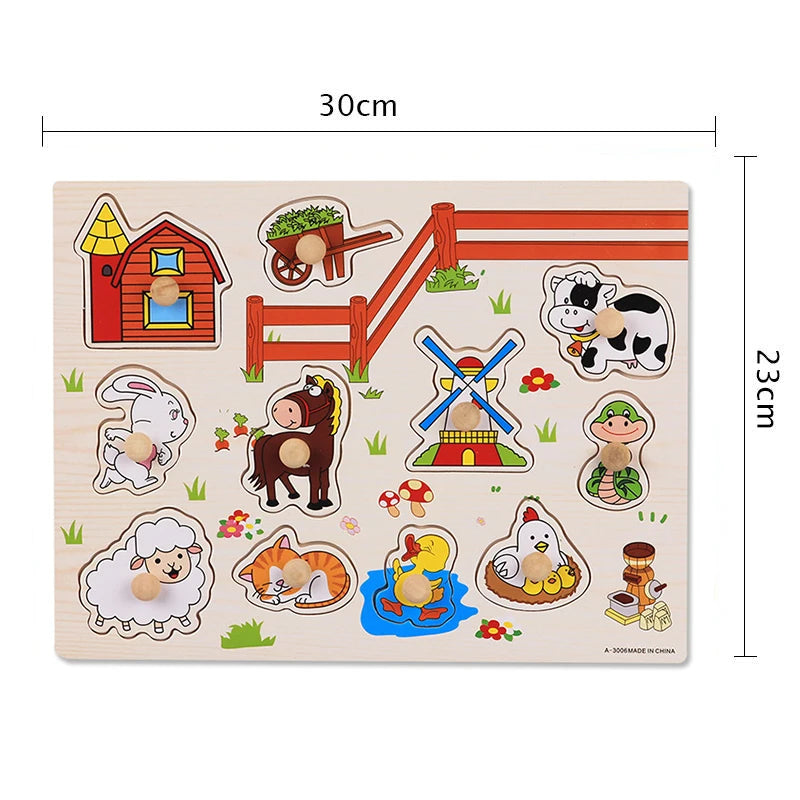 Montessori Baby Toys Wooden Peg Puzzles Hand Grab Boards Toys Tangram Jigsaw Cartoon Animals Fruits 3D Puzzles Educational Toys