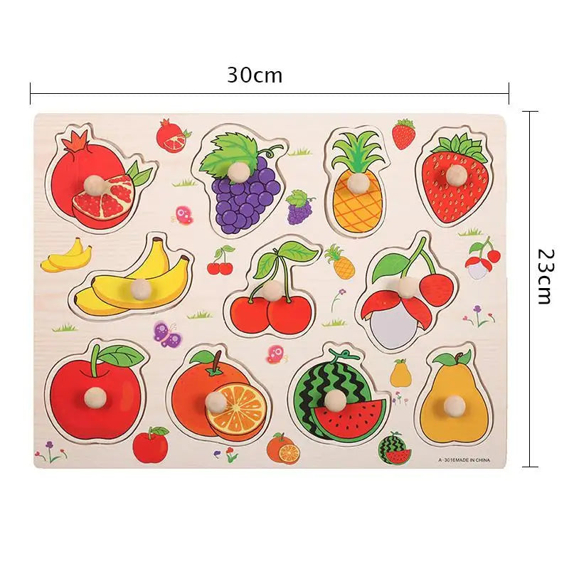 Montessori Baby Toys Wooden Peg Puzzles Hand Grab Boards Toys Tangram Jigsaw Cartoon Animals Fruits 3D Puzzles Educational Toys