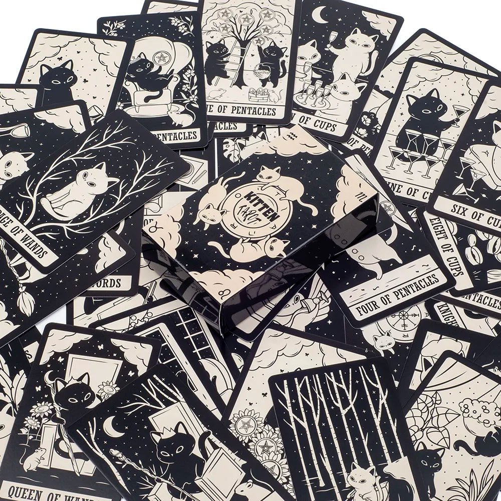 Kitten Tarot Deck 78Pcs Cute Black and White  For Beginners  Version Mysterious Board Game Fun Fortune telling Kit