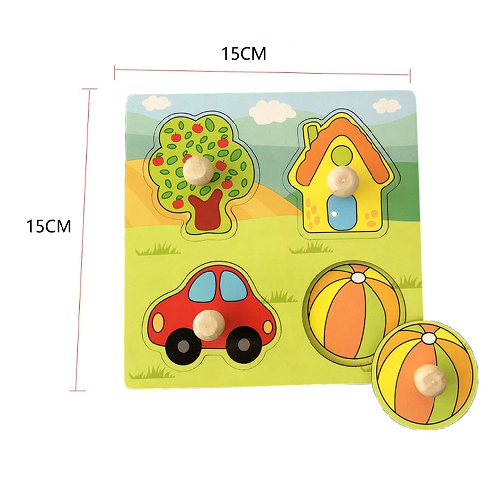 Montessori Baby Toys Wooden Peg Puzzles Hand Grab Boards Toys Tangram Jigsaw Cartoon Animals Fruits 3D Puzzles Educational Toys