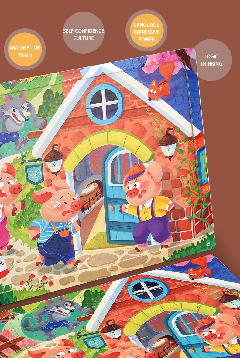 60PCS Wooden Jigsaw Color 3D Puzzle Cartoon Characters Animal Early Educational Learning Logical Thinking Focus Puzzle Toys Gift