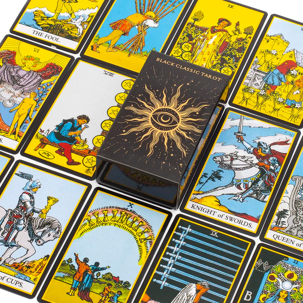 Black Classic Tarot Cards Deck 78pcs Fortune-Telling Game Set with Guidebook for Family Gatherings and Board Games