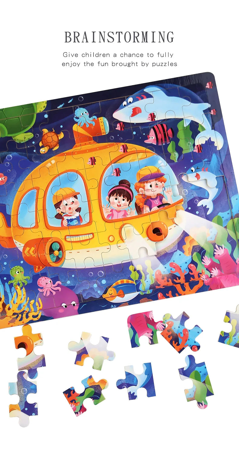 60PCS Wooden Jigsaw Color 3D Puzzle Cartoon Characters Animal Early Educational Learning Logical Thinking Focus Puzzle Toys Gift